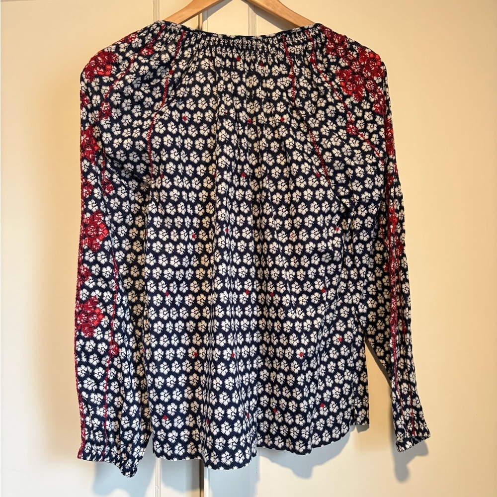 J. Crew Navy & Red Embroidered Cotton Peasant Blouse - Picture 2 of 4
